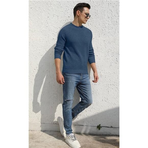 Men's Crewneck Casual Sweater Structured Knit Pullover, Blue - Picture 2 of 5
